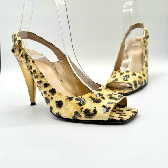 STUART WEITZMAN GOLD ANIMAL PRINTS SLING BACK HEELS OPEN TOE SHOE PATENT LEATHER - Picture 9 of 15
